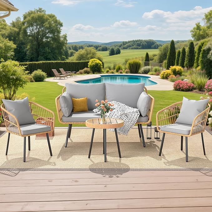 YITAHOME 4 Pieces Patio Furniture Set, Outdoor Wicker Patio Conversation Set, All-Weather Rattan Bistro Set with Loveseat Chairs Table Soft Cushions for Garden, Porch, Backyard - Grey