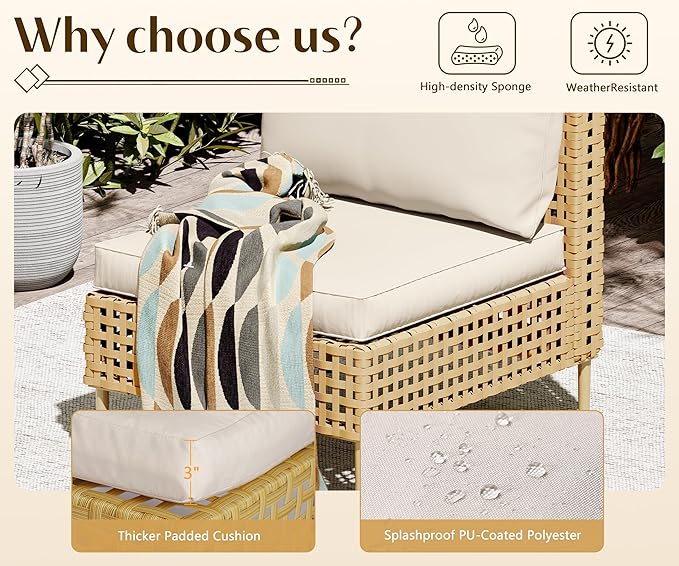 LHBcraft 4 Piece Wicker Patio Furniture Set Boho, Modular Outdoor Couch, Outdoor Conversation Set Sectional Sofa with Water Resistant Fluffy Cushions and Coffee Table, Beige