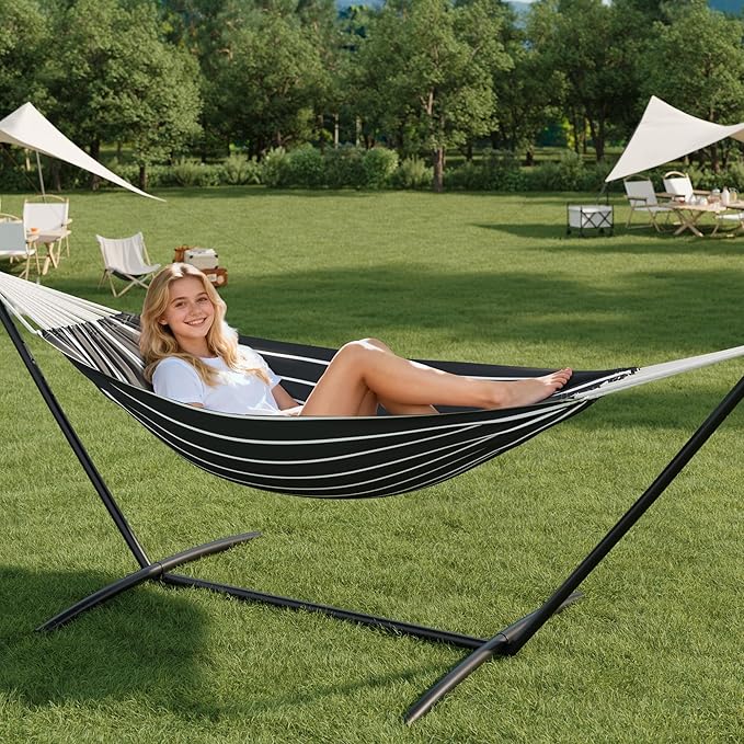 Double Hammock with Stand - Heavy Duty 450lbs Capacity, Portable Cotton Hammock for Two Adults, Indoor & Outdoor Use with Travel Bag, Chasm Stripe Pattern