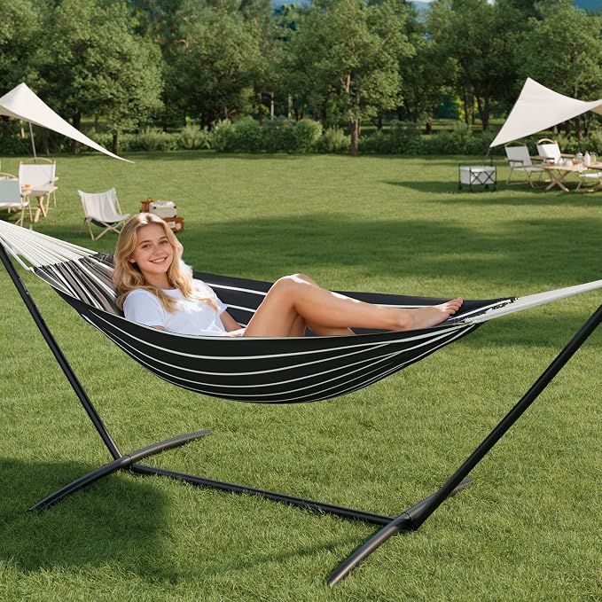 Hammock with Stand for Outside, Upgraded Carrying Case，Easy Assembly, Portable Space Saving Heavy-Duty Steel Frame，Perfect for Outdoor & Indoor,Black & White