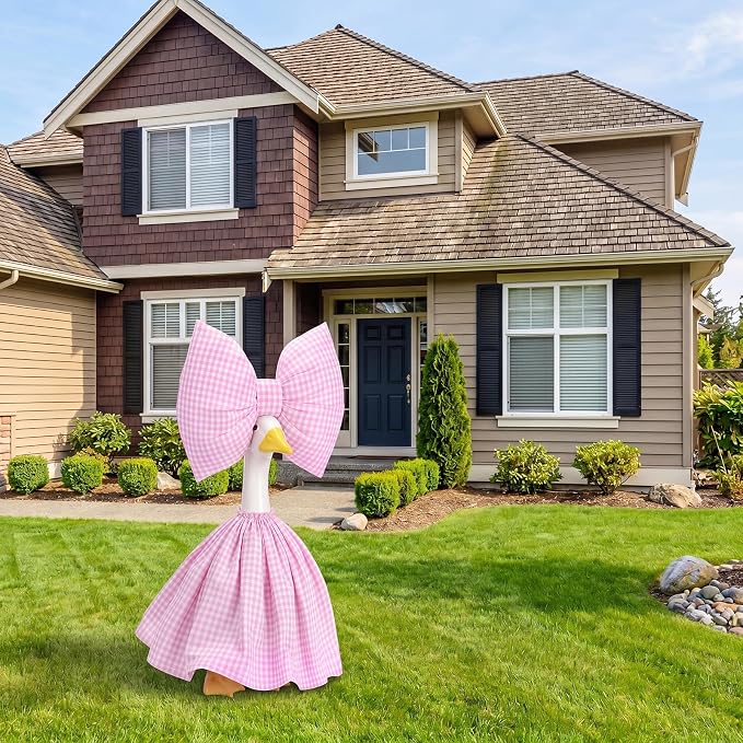 23 Inch Goose Outfit Pink Plaid Dress with Bow Garden Goose Clothes for Outdoor Lawn Yard Patio Courtyard Farmhouse Statue Decoration
