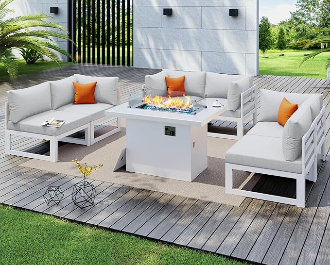 NICESOUL 7 Piece Luxury Aluminum Outdoor Sectional Sofa with Fire Pit Table, Oversized L Shaped Patio Furniture Set, 29" Deep Wide Seating, 500 lbs Heavy Duty Conversation Set for Backyard, Light Grey