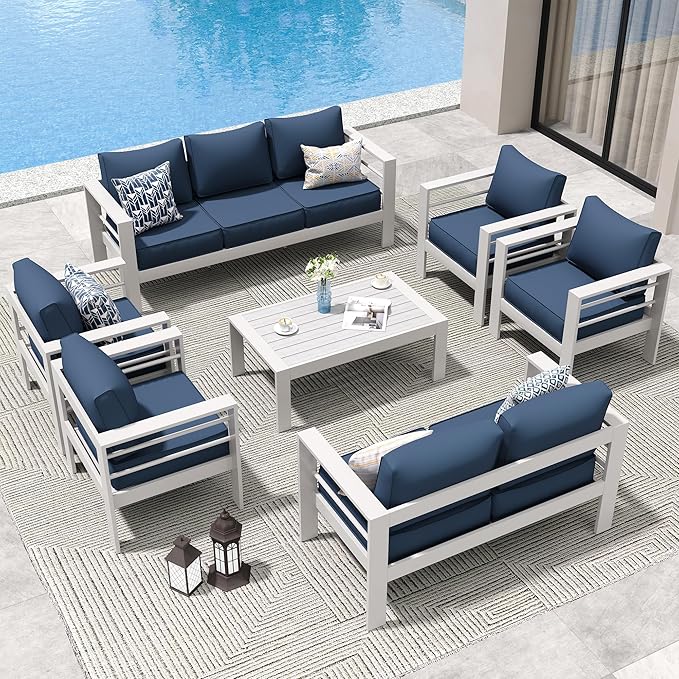 Amopatio Aluminum Patio Furniture Set, 10 Pieces Modern Patio Conversation Sets, Outdoor Sectional Metal Sofa with Coffee Table for Balcony, Garden, White&Blue (Included Waterproof Covers)