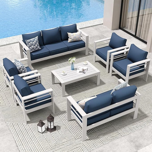 Amopatio Aluminum Patio Furniture Set, 10 Pieces Modern Patio Conversation Sets, Outdoor Sectional Metal Sofa with Coffee Table for Balcony, Garden, White&Blue (Included Waterproof Covers)