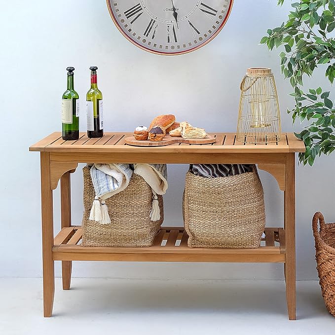 Cambridge Casual Auburn Solid Teak Wood Outdoor Console Table – Narrow Garden Table with Bottom Shelf for Patio, Deck, or Poolside – Premium Weather-Resistant