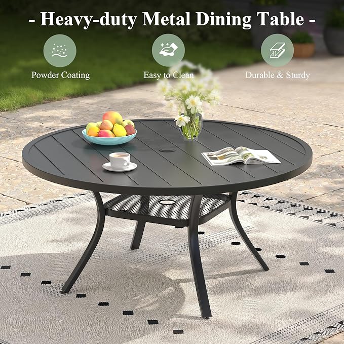 7 Pieces Outdoor Dining Set, Stackable Textilene Paito Chairs & 47.2" Round Dining Table with Umbrella Hole and Shelf, Patio Dining Set for Backyard, Deck, Garden, Dark Blue & Black
