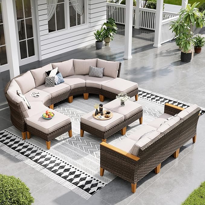 Sophia & William Outdoor Wicker Sectional Sofa Set, Half Moon Curved Patio Furniture Set with Ottman, High Back Patio Rattan Conversation Set for Porch, Backyard,Pool(Beige, 12 Piece)