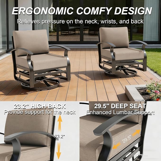 Gotland Outdoor Furniture, Metal Outdoor Swivel Chair with 5.1’’ High-Resilience Seat Cushions 6.2’’ Thick Back Pillow 29.5’’ Deep Seat Removable Cushions, Patio Furniture for Lawn, Porch, Khaki