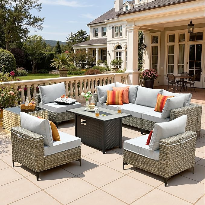 8 Pieces Patio Furniture Set with 42" Fire Pit, All-Weather Rattan Outdoor Sectional Conversation Sets L Shaped Sofas with Solar Light Coffee Table for Porch Balcony Backyard Grey