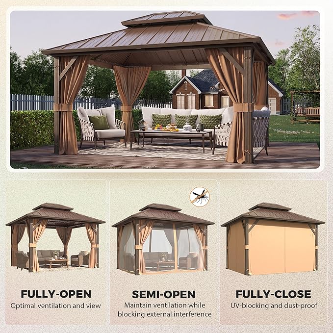 YOLENY 10' x 12' Hardtop Gazebo, Metal Gazebo with Aluminum Frame, Double Galvanized Steel Roof, Curtains and Netting Included, Pergolas for Patios, Garden, Parties, Lawns