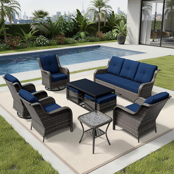 Joyside 9 Piece Wicker Patio Furniture Set, Outdoor Swivel Rocker Patio Chairs with High Back, Deep Seating, Wide Armrest, Thickened Cushions, Outdoor Furniture for Deck, Porch Use