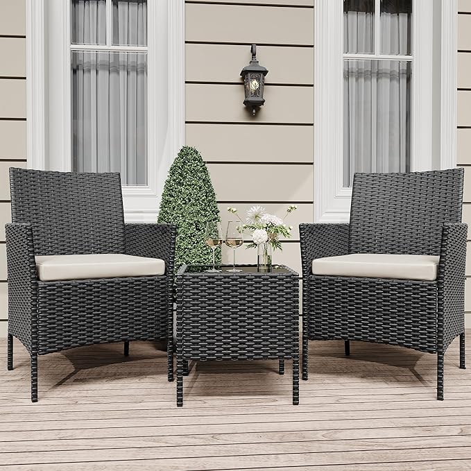 Patio Furniture Set 3 Pieces,Outdoor Patio Conversation Sets, PE Rattan Wicker Furniture Sets with 2 Chairs,Soft Cushion and 1 Coffee Table, Bistro Set of 2 for Backyard Balcony Porch Apartments,Black