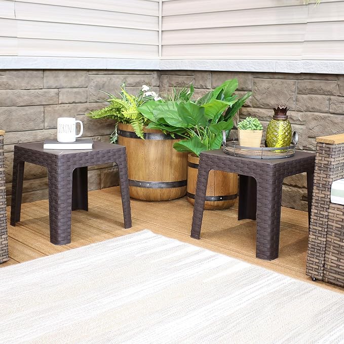 Sunnydaze Adirondack Small Outdoor Side Table for Balcony Essentials - Plastic Square End Table for Outside Patio - Brown - Set of 4