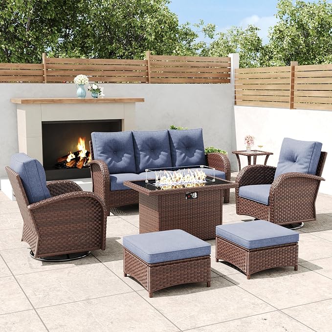 7 Pieces Outdoor Wicker Patio Swivel Rocking Chairs, All Weather Wicker Conversation Set with 44" Fire Pit Table