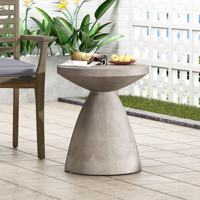 Outdoor Side Table 18" Hourglass Shape Lightweight Concrete-Look Outdoor Indoor Accent Table Decorative Garden Stools, for Patio Porch Living Room, Grey