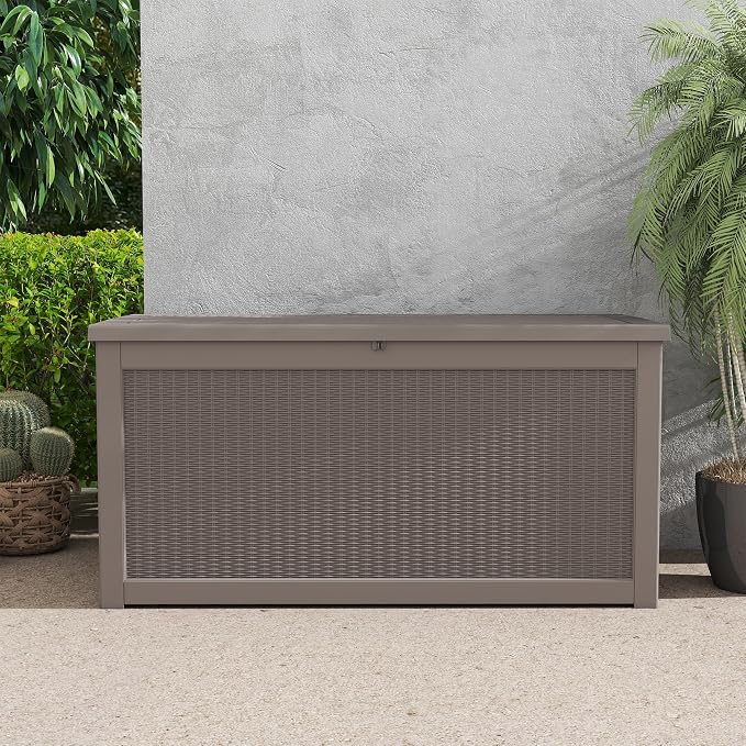 LAUSAINT HOME 100 Gallon Resin Deck Box, Package Delivery Box with Lockable Lid, Waterproof Outdoor Storage Box For Garden Tools, Patio Cushions(100 Gallon,Grey)