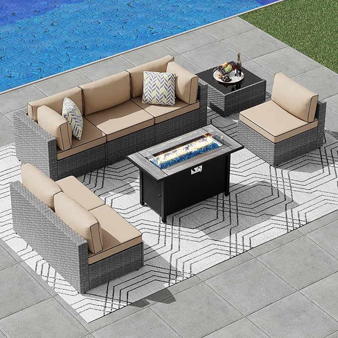 JAMFLY 8 Piece Outdoor Patio Furniture Set with Propane Fire Pit Table, All-Weather PE Wicker Rattan Sectional Sofa Set with Thick Cushions for Backyard, Garden, Poolside(Khaki, Silver)