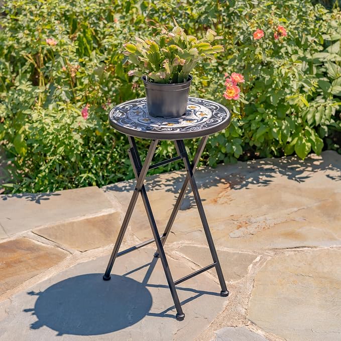 Mosaic Tile Furniture with Black Metal Frame and Patterned Tile Tops (Luna - Black/Blue/Yellow, Folding Accent Table)