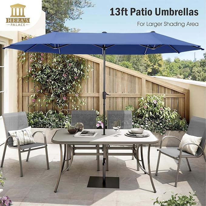 HERA'S PALACE 13 ft Large Patio Umbrella Double-Sided Twin Outdoor Market Umbrella with Crank, Powerful UV Protective, Haze Blue