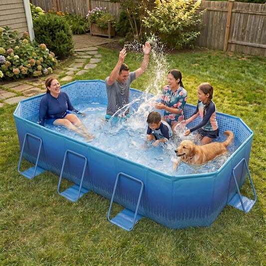 101" Foldable Pool for Kids & Adults,Blue | Non-Inflatable, Metal Frame, Thick PVC Collapsible, Swimming Pool for Kids Family Dogs,Outdoor Summer
