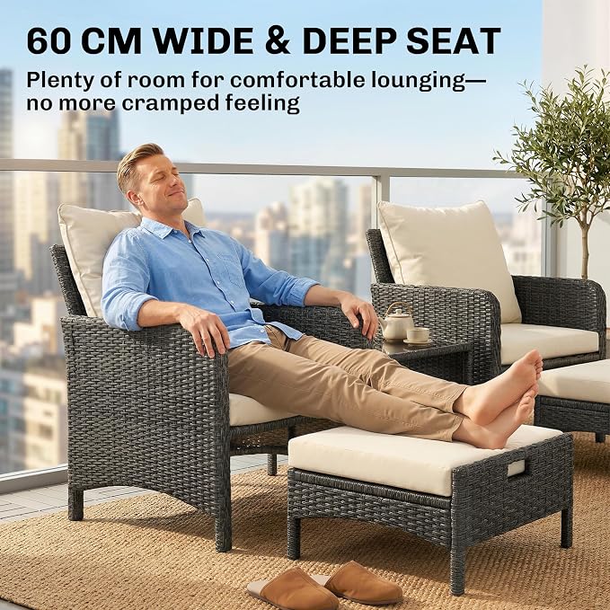 Outsunny 5 Piece Patio Furniture Set, Wicker Balcony Furniture with 23.6" Wide Deep Seat, 2 Ottomans, Glass Coffee Table, Cushions, Rattan Outdoor Conversation Patio Set for Garden Porch, Beige