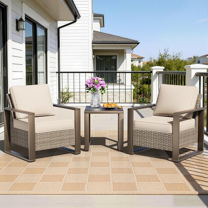 Outdoor Wicker Metal Chairs Set of 2 with Matching Side Table - 3 Pieces Patio Bistro Set with Removable Olefin Fabric Cushions & Rectangular Framed Wood-Looking Metal Armrest, Beige