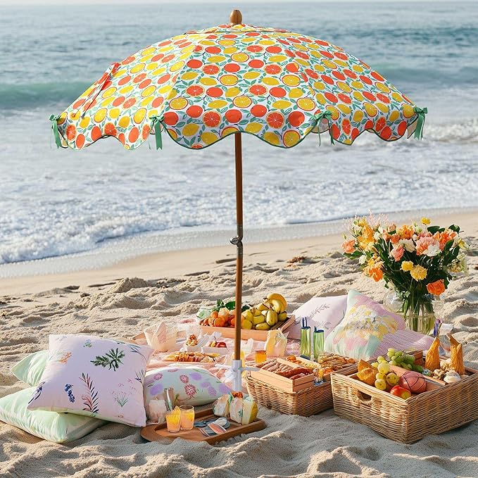 LAGarden Fringe Patio Umbrella with Carry Bag & Cover Vintage Wood for Event Outdoor Garden Yard Wedding Bistro Table