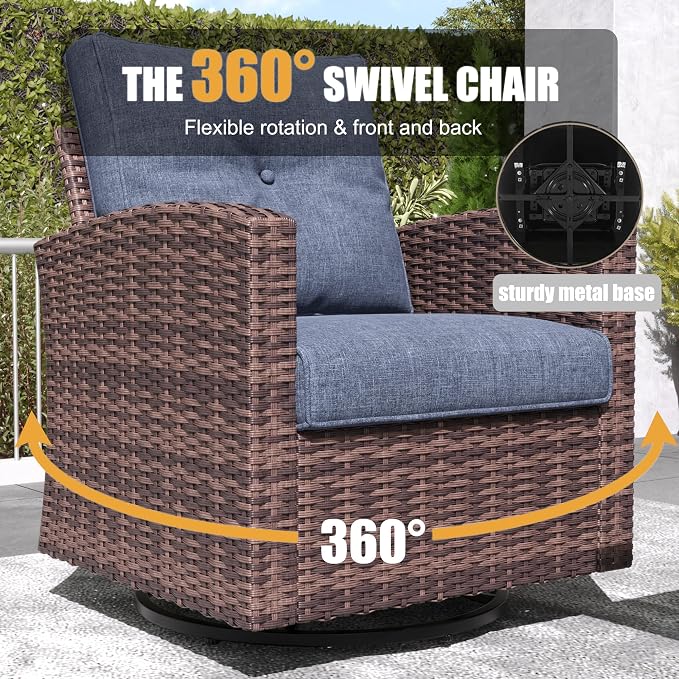 LayinSun 7 Pieces Patio Furniture Set with Swivel Chairs, Rattan Wicker Rocking Glide Chairs with 44" Propane Gas Fire Pit Table Conversation Set