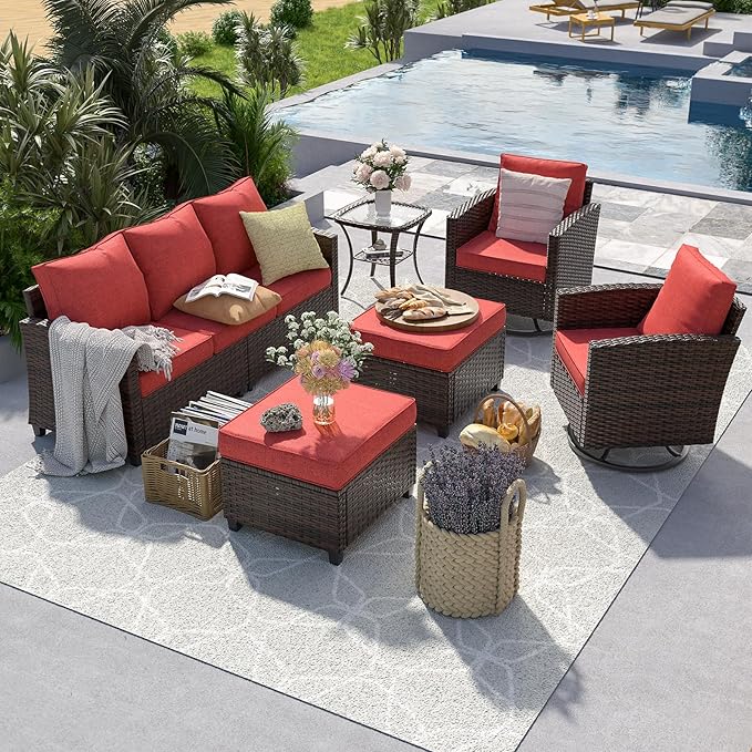 UDPATIO Patio Furniture Swivel Rocking Chair Sets, 6 Pieces Outdoor Conversation Sectional Furniture, Wicker Rattan Sofa with 2 Ottomans 1 Side Table for Garden Poolside Backyard, Wine Red Cushion