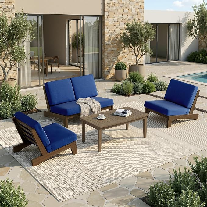 Pia Ricoo 4 Piece Patio Furniture Sets, Outdoor Loveseat Sofa Set with 2 Chairs & Coffee Table, Patio Conversation Set for Backyard, Deck, Lawn, Navy