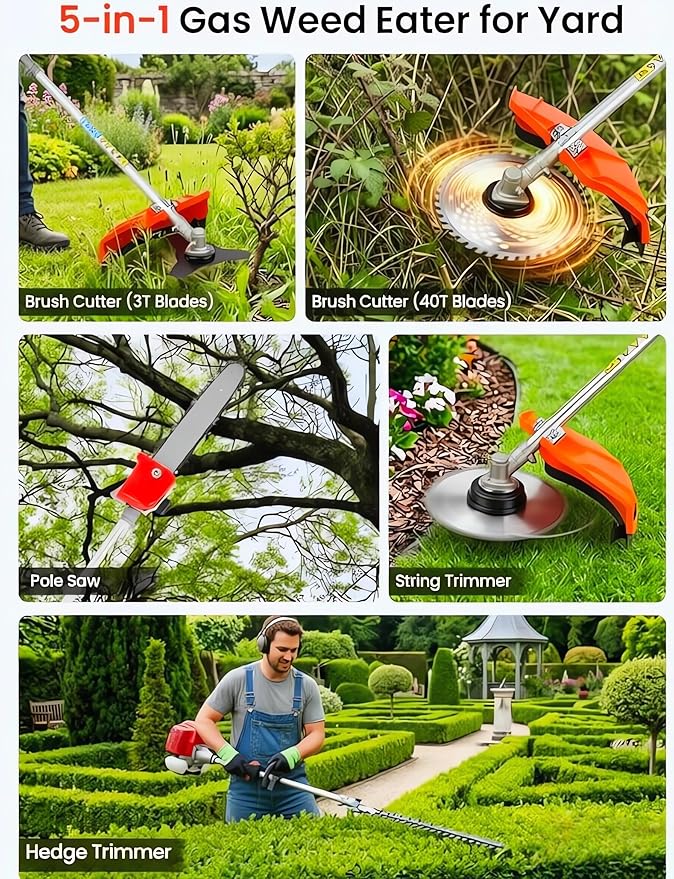 52CC 2-Stroke Gas Weed Wacker, 5 in 1 Gas Weed Eater, 2026 Upgraded Weed Eater Gas Powered, 9500rpm High Power Gas Hedge Trimmer, Brush Cutter for Yard, Garden, with EPA & CE-MD Certification
