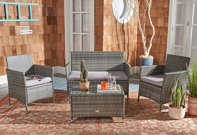 SAFAVIEH PAT7506B Collection Bandele Grey 4-Piece Outdoor Living Patio Set