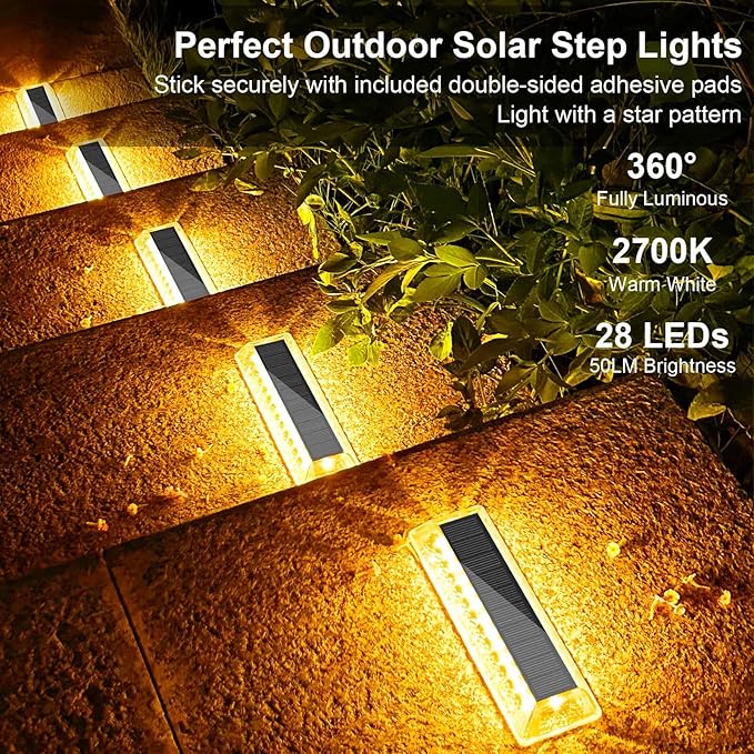 Lacasa Solar Deck Lights, Solar Light Outdoor Waterproof IP68, 8 Pack Solar Powered Pathway Yard Driveway Step Landscape Lights, LED Lighting 50LM for Garden Path Walkway Stair Patio, Warm White 2700K