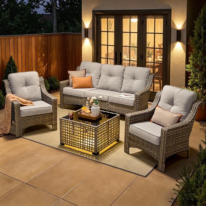 4 Piece Patio Furniture Set with Solar Light Coffee Table, Heavy Duty Wicker High Back Sofa Chairs with Thick Cushion, Small Outdoor Conversation Sets for Backyard Garden Porch, Grey