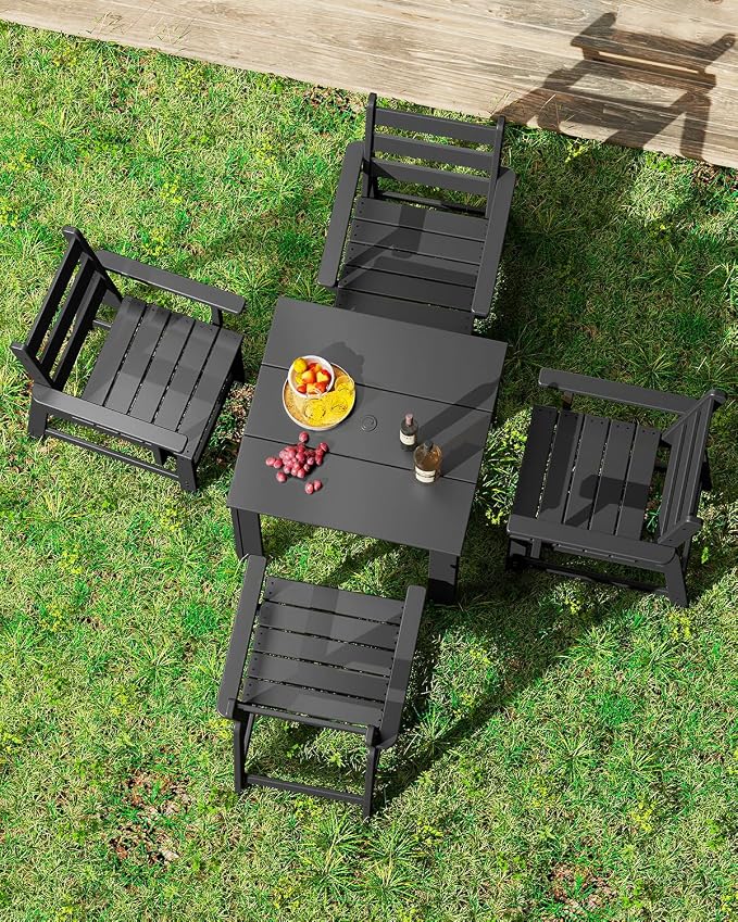 GREENVINES 5-Piece-Outdoor-Dining-Set | HDPE | Square | Patio Furniture | Table and Chairs Sets for 4 | All Weather | Removable Armrests | Umbrella Hole | for Backyard Poolside Garden | Black