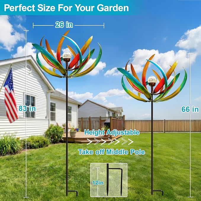 83" Large Solar Wind Spinner Outdoor Metal - Kinetic Tulip Flower Sculpture with Multi-Color Changing LED Crackle Glass Ball - Waterproof Garden Stake Art for Patio, Lawn, and Yard Decoration