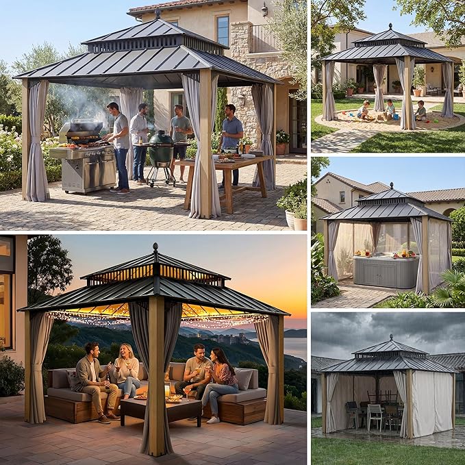 SUNJOY Kingston 12' x 12' Hardtop Wood Gazebo with Galvanized Steel Double Roof, Curtain and Netting, Cedar Posts Permanent Pavilion Gazebo for Garden, Patio, Deck, Lawn