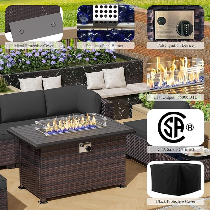 8 Pieces Outdoor Patio Furniture Set,Outdoor Sectional Furniture with 43" 55000 BTU Gas Propane Fire Pit Table,All Weather PE Rattan Wicker Patio Conversation Set,Grey