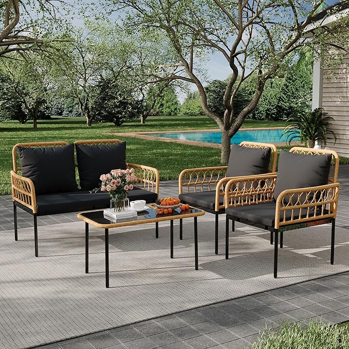 4 Pieces Outdoor Patio Furniture Set with Table - Rattan Balcony Furniture for Porch or Deck, Includes Chaise Lounge, 2 Armchairs with Cushions and Pillows for Porch Backyard Lawn Poolside Deck, Black