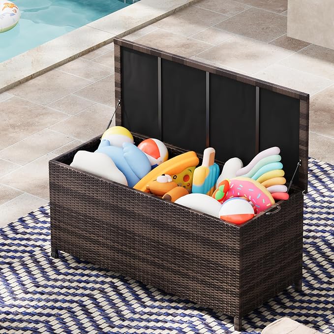 Litake Large 125 Gallon Outdoor Deck Storage Box with Wheels & Handles – Heavy Duty Waterproof PE Rattan Chest – Weatherproof Patio, Garden, Poolside Organizer –Brown