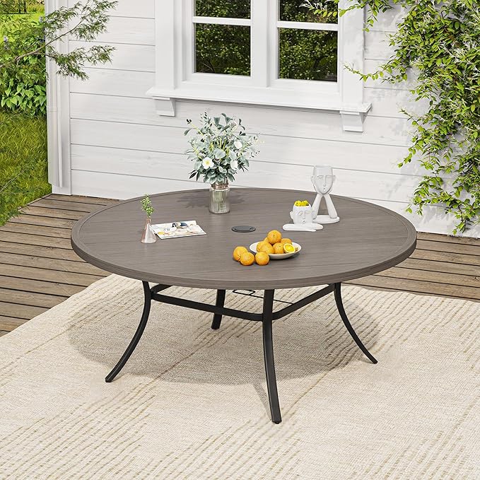 VICLLAX Outdoor Table and Chairs Set for 8, Patio Dining Set of 60" Metal Round Patio Table with Umbrella Hole & 8 Swivel Outdoor Dining Chairs for Backyard Lawn, Grey & Antique Grey
