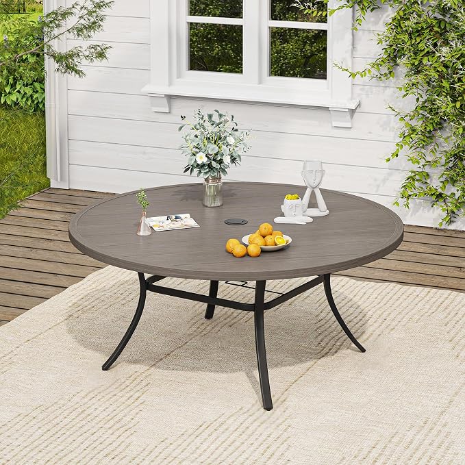 VICLLAX 63" Round Patio Table, Outdoor Dining Table for 8-10 with Umbrella Hole for Garden Lawn Deck Backyard, Antique Grey