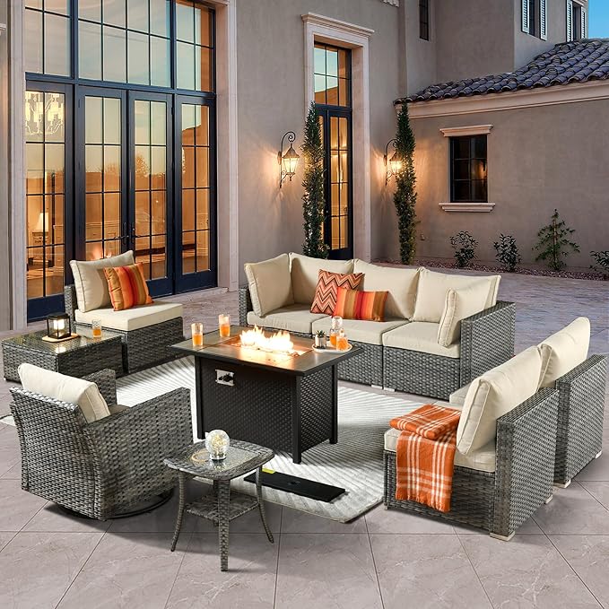 ovios 10 Piece Outdoor Patio Furniture Set with Fire Pit Table,Conversation Sectional Wicker Couch with Swivel Chairs,Modern Outside Sofa for Balcony Backyard, Beige