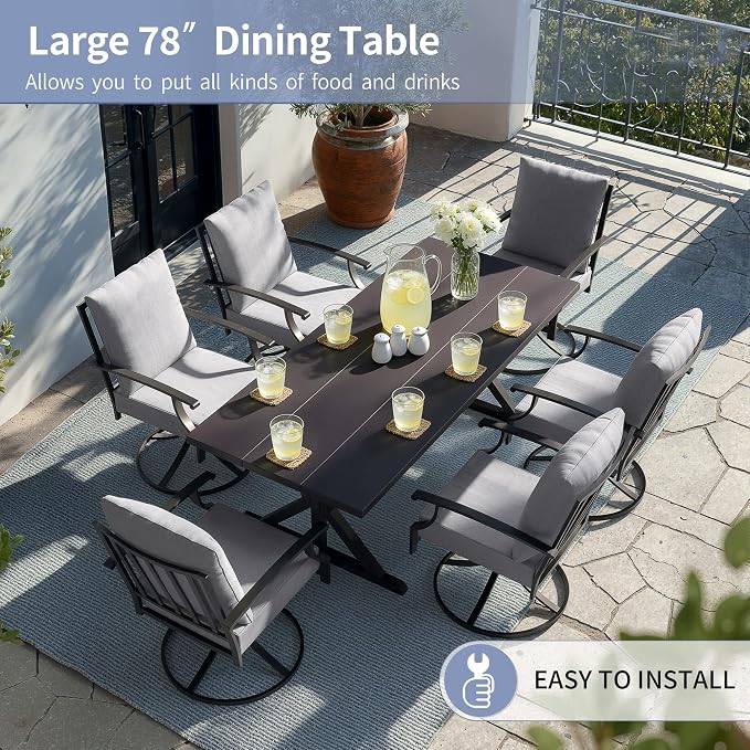Kullavik 7 Pieces Outdoor Dining Set,Patio Dining Table and Chairs Set for 6,Fence Pattern Back Swivel Chairs with Thickened Cushions & X-Frame Metal Dining Table with Umbrella Hole for Patio,Grey