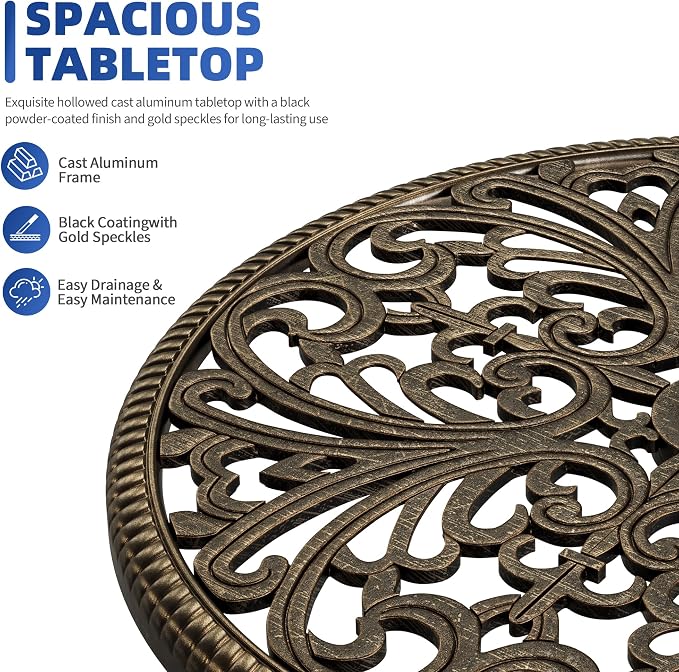 23" Round Cast Aluminum Patio Bistro Table, Outdoor Coffee Bistro Side Table with Umbrella Hole, Antique Design Dining Desk for Backyard, Garden, Porch, Pool, Balcony, Bronze