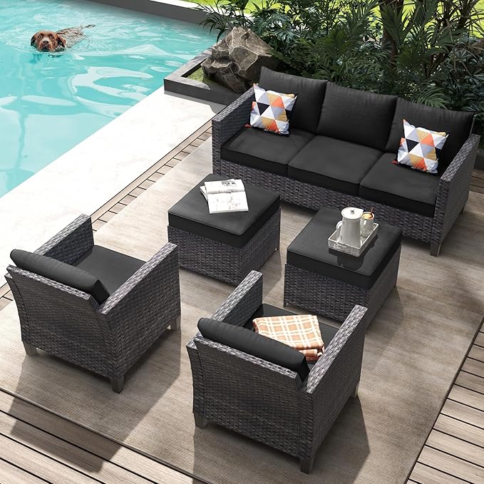 HOOOWOOO Patio Conversation Sets,5 Piece Wicker Outdoor Furniture Set with Ottoman,All Weather Resistant Modern Outside Out Door Rattan Couch Chairs Set,Black