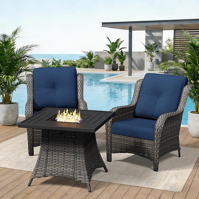 3 Pieces Outdoor Wicker Patio Furniture Set with Fire Pit Table, Patio Chair Set with Thickened Olefin Cushions, High Back and Deep Seating, Hand-Woven PE Rattan for Porch, Deck