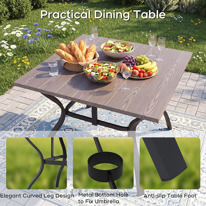 37.8'' Outdoor Dining Table for 4, Black Metal Patio Dining Table with 1.97'' Umbrella Hole,Anti-Rust Waterproof Square Table for Porch Deck Poolside Garden Backyard