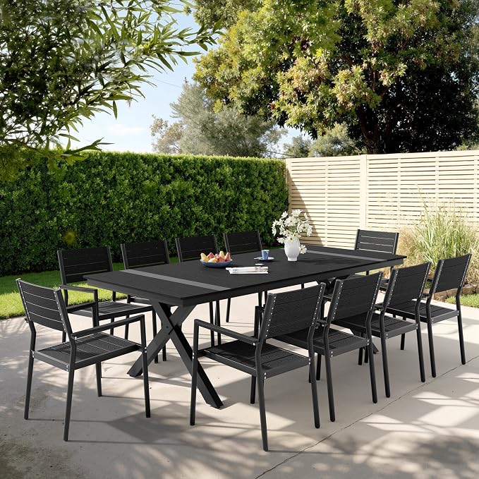 Pellebant 11 Piece Patio Table and Chairs Set for 10, Aluminum Outdoor Dining Set with Umbrella Hole, Stackable Dining Chairs & 94" Dining Table, Black