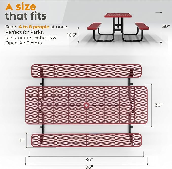 Commercial Heavy-Duty Metal Picnic Table - ADA Compliant, Adjustable Seats, Umbrella Hole, Expanded Metal (Red, 8' Rectangular)